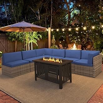 U-MAX 7 Piece Outdoor Patio Furniture Set with 30 Inch Fire Pit Table, PE Rattan Wicker Sofa Set, Outdoor Sectional Furniture Chair Set with Cushions and Tea Table, Grey Rattan&Dark Blue Cushion