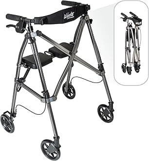 Stander Space Saver Rollator, Lightweight Folding Rolling Walker with Seat for Seniors & Adults, 4-Wheel Mobility Aid with 6-inch Wheels, Locking Brakes & Padded Seat with Backrest, Black Walnut