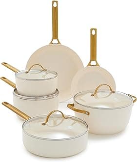 Hard Anodized Healthy Ceramic Nonstick 10 Piece Cookware Pots and Pans Set, Gold-Tone Stainless Steel Handles, PFAS & PFOA-Free, Dishwasher Safe, Oven & Broiler Safe, Cream White