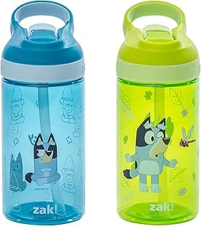 Zak Designs Bluey Atlantic Kids Water Bottle For School or Travel, 16oz Durable Plastic Water Bottle With Straw, Handle, and Leak-Proof, Pop-Up Spout Cover, 2-Pack (Bluey, Bingo)