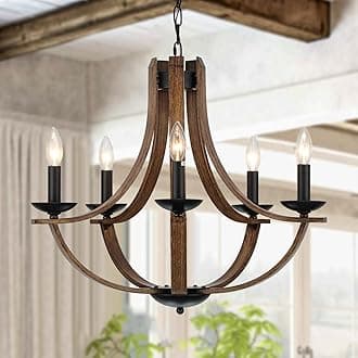 Farmhouse Chandeliers for Dining Room Light Fixture, 5-Light 24 inch Faux Wood Texture Hanging Lighting Fixtures, Rustic Candle Chandeliers for Living Room Kitchen Island Foyer Entryway