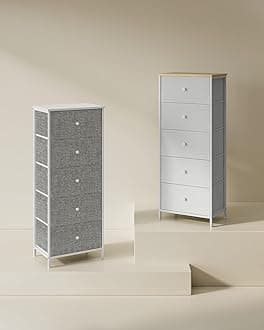 Songmics LTS315G01 Chest, 5 Tiers, Clothes Storage, Stylish, Slim, Space Saving, Storage Chest, Fall Prevention, Stable, Fabric Drawer, Metal Frame, Gray