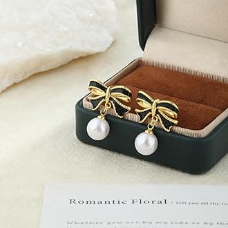 14K Gold Stud Pierced Earrings with Black Bow Pearl Dangle Dainty Hypoallergenic Jewelry, Trendy Lightweight Cute Accessories for Women Valentines Mother's Day Birthday Thanksgiving Day Gifts