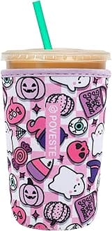 Reusable Neoprene Insulator Sleeve for Iced Coffee & Cold Soda, Coffee Sleeves for Iced & Hot Drinks, Cold Beverage Cooler Compatible with Starbucks, Dunkin (Checkerboard Halloween, Medium: 22-24oz)