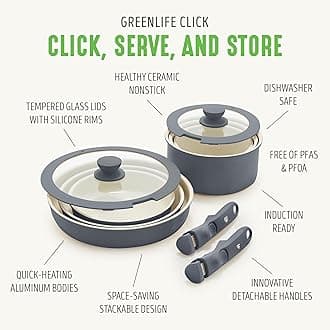 GreenLife Click 10-Piece Ceramic Nonstick Cookware Set, Detachable Handle, Stackable Space Saving Kitchen Essential, Non Toxic PFAS-Free Pots & Pans, Induction & Oven Safe, Glass Lid, Graphite