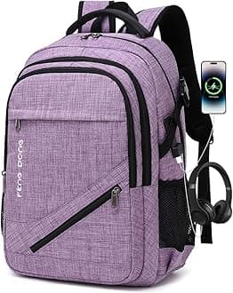 FENGDONG Large Laptop Backpack 17.3 inch Durable Waterproof Travel College Backpack Bookbag for Men & Women Business Backpack with USB Charging Port and Headset Port Light Purple