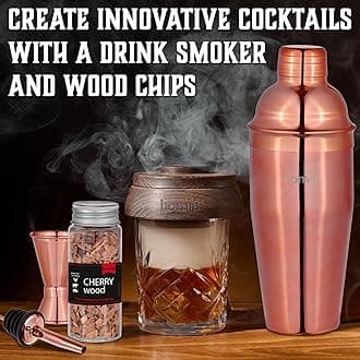 homia Bartender Kit with Whiskey Smoker - 13 pcs, Bamboo Stand - Bar Set with Cocktail Shaker, Bartending Kit with Essential Bar Accessory Tools, Wood Chips, Pink Gold