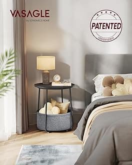 VASAGLE Small Round Side, Modern Fabric Basket, Bedside Table for Living Room, Bedroom, Particleboard, Steel, Polyester, Black Ebony + Slate Grey