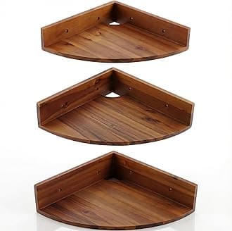 Demigo Corner Shelf Wall Mount Set of 3, Solid Acacia Wood Round Floating Corner Shelves for Storage and Display, Hanging Wood Shelves for Bedroom, Kitchen, Living Room, Bathroom (Brown)