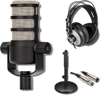 StreamEye Rode PodMic Dynamic Podcast Microphone with On-Stage DS7200B Desktop Mic Stand, Cans50 Podcast Headphones, XLR Cable and Polishing Cloth