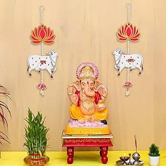 eCraftIndia Lotus, Cow, Pink Tassel Style Shubh Labh Hanging for Diwali Ganesh Chaturthi Navratri Decoration| Floral Wall Hangings for Home Temple Main Door Entrance|Diwali Decoration Items| Pack of 1
