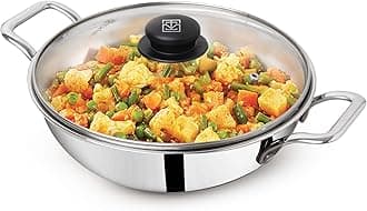 The Indus Valley Triply Stainless Steel Kadai With Glass Lid|Very Small 20.3Cm/8 Inch,1.7 Liters,1Kg|Induction Friendly|Nonstick 3-Layer Body,100% Pure&Toxin-Free,No Chemical Coating