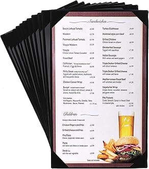 Hard-Sided Plastic Restaurant Menu Holder - Heavy-Duty Tabletop Holder for Restaurants - Single-Panel Clear PVC Menu Sleeve - Professional Black Binding Server Book - Pack of 12, 7.8"x 13.8"