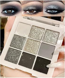 9 Colors Silver Gray Glitter Eyeshadow Palette, Black Smokey Grey and Silver White Sparkle Glitter Shimmer Shiny Eye Shadow Palette Makeup for older Women, High Pigment Eyeshadow Sombra de ojos