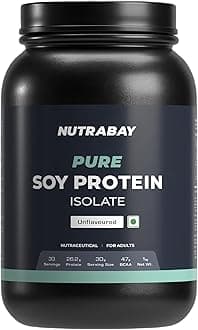 Nutrabay Pure Soy Protein Isolate Powder 26.2g Protein, 4.7g BCAA per Serving, NABL Lab Tested – Easy to Digest, No Added Sugar, Vegan – 1kg, Unflavoured | 100% Authentic & Clean Protein