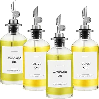Olive Oil Dispenser Bottle - Includes 55 Kitchen Essential Labels - Cooking Oil Bottles for Kitchen, Coffee Syrup Dispenser - Pourer Spout with 350 ml Glass Container Cruet - 4pcs, Silver