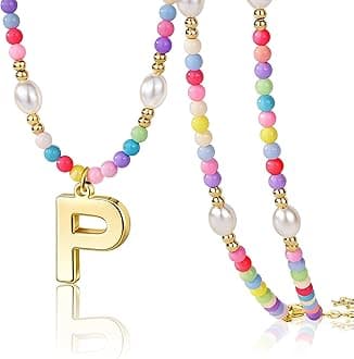 Personalized Initial Necklace for Women Teen Girls – Cute Preppy Colorful Rainbow Beaded Pearl Choker with Letter Pendant, Dainty Summer Beach Aesthetic Jewelry Gift for Kids, Teens, Women, Birthday