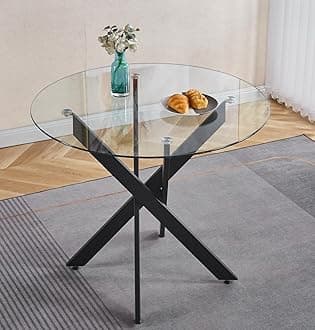 Kitchen Dinner Table Glass Small Round Dining Table, 35.43" Circle Dining Table Dining Room Table with Tempered Glass Top Metal Legs for Small Spaces (Black-Round 35.43"x29.6")