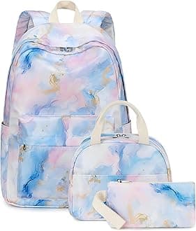 Teen Girls School Backpack Kids Bookbag Set with Lunch Box Pencil Case Travel Laptop Backpack Casual Daypacks (Pink Blue Purple Gold Marble 99)