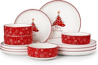 MALACASA Plates and Bowls Sets, 12 Pieces Christmas Porcelain Dinnerware Set for 4, Ceramic Dishware Dishes Kitchen Dining Ware Set, Microwave and Dishwasher Safe, Series LUNA-Christmas Tree