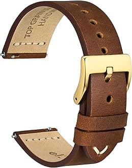 WOCCI 24mm Old-fashioned Watch Band for Men, Top Grain Leather, Golden Polished Buckle (Caramel Brown)