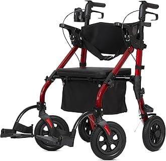ELENKER All Terrain Rollator Walker Transport Wheelchair Combo, 2 in 1 Rolling Walker with Padded Seat and Wide Backrest, Red