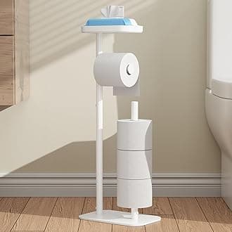Kitsure Toilet Paper Holder Free Standing – Rustproof Metal Toilet Paper Stand for 4 Rolls with Anti-Slip Base and Shelf for Phone & Small Items, Bathroom Organizers and Storage, Medium, White