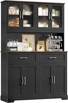 71" Tall Kitchen Pantry Cabinet, Kitchen Hutch with Microwave Stand, Glass Doors, Food Pantry Cabinet with Doors and Shelves for Dining Room, Black