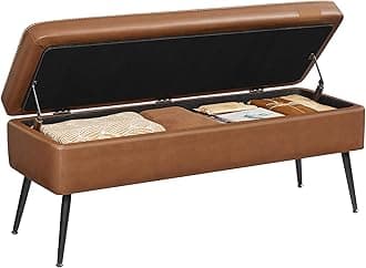 VASAGLE EKHO Collection - Storage Ottoman Bench, Entryway Bedroom Bench, 15 Gallons, Synthetic Leather with Stitching, Mid-Century Modern, Safety Hinges, Loads 660 lb, Caramel Brown ULOM074K01