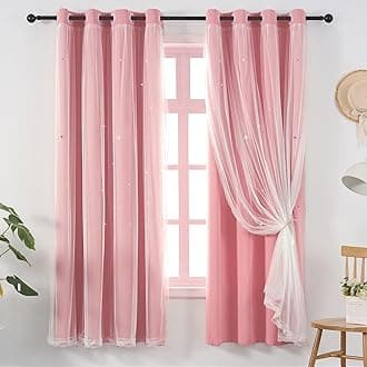 Pink Blackout Curtains for Girls Bedroom Cute- Aesthetic Star Cutout Double Layer with Sheer Overlay, 84 Inches Long, 2 Panels Baby Nursery Curtains Kids Room Decor Drapes