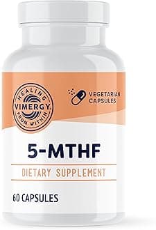 5-MTHF Capsules – 60 Servings (1 Capsule/Serving) 8500mcg L-Methylfolate Glucosamine and 500 mcg Vitamin B12 Supplement –Bioavailable Folate Supplement for Women and Men Vegan 5 mthf (60 ct)