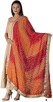 kalpit creationsWomen's Jaipuri Rajasthani Silk Bandhani Bandhej Multi-Colored Heavy Dupatta With Gota Work And Latkans