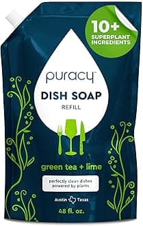 Puracy Natural Dish Soap Refill - Skin-Softening Plant-Based Liquid Dishwashing Detergent Soap, Clean-Rinsing Water-Sheeting Formula (Green Tea & Lime, 48 fl oz)