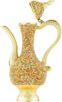 Steel Water Bottle Pitcher with Zirconia Stones | Handmade Metal Carafe Water Tea Coffee Jug Vintage Bottle | Turkish Ottoman Zamzam Pitchers (470 ML/16 Oz, Colorfull Stone, Gold Color)