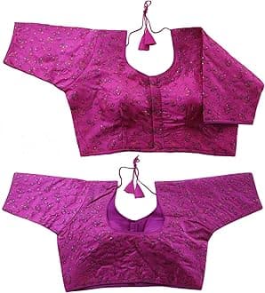 Vihu Fashion Women's Sequence Multi Embroidered U Neck Half Sleeve Readymade Saree Blouse Indian Ethnic Designer Stitched Women's Readymade Half Sleeve Blouse Readymade Blouse for Women