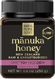 - Manuka Honey UMF 10+ (MGO 261+) 100% Pure New Zealand Honey - Certified. Raw, 8.8 Oz (250g)