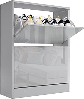 Blisswood High Gloss 2 Drawer Shoe Cabinet Cupboard, Shoe Storage Organiser Freestanding 2 Tier Wooden Shoes Rack Cabinet Modern Footwear Stand For Hallway, Living Room Furniture (Light Grey)
