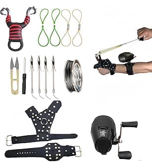 Fishing Tool, Slingshot Kit /Fishing Reel, Wrist Supporter ,Hand Protector(left hand), Bands, Thickened Fishing Line, Dual Purpose