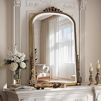 32x24 Beaded Arched Mirror, Bathroom Mirror for Over Sink, Metal Frame Wall Decor for Entryway, Bedroom, Living Room, Gold