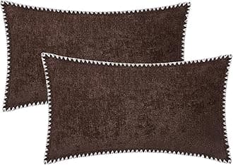 BRAWARM Throw Pillow Covers 12x20 Inches - Coffee Chenille Pillow Covers with Piping, Pack of 2 Solid Dyed Soft Chenille Pillow Cases for Couch Sofa Bed Home Decoration