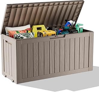 ROJIK Outdoor Storage Housing Deck Box - Waterproof Patio Furniture, Garden Tools, Cushions, Pool Accessories Storage Bench with Lockable Lid and Side Handles (Grey 75 Gal)