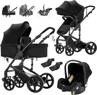 3 in 1 Baby Travel System, Reversible Baby Stroller, Pushchair Luxury Baby High Landscape Pram, Portable Standard Pram Buggy, Foldable Baby Carriage for Newborn Toddler (MG588-Black Without Base)