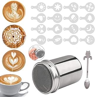 Coffee Sprinkles Powder Set, Azonee Chocolate Shakerwith Lid Stainless Steel Shaker Chocolate Sprinkles for Cappuccino Coffee Icing Sugar Cocoa with 16 Coffee Stencil and Cat Coffee Spoon