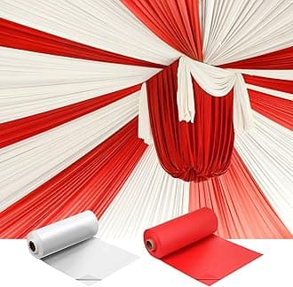 Moukeren 40'' x 100' Circus Tablecloth Roll Plastic Tablecloth Disposable DIY Carnival Tent Party Supplies for Big Top Tent Backdrop Curtains Ceiling Wall Drapes(White, Red,2 Roll)