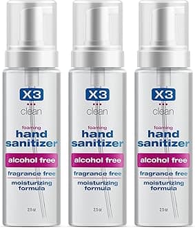 X3 Clean Foaming Hand Sanitizer, Alcohol and Fragrance Free, Kills 99.9% Germs, Moisturizing Formula, Travel Size 2.5 oz (3 Pack)
