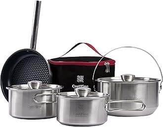 CampPro Camp Cooking Set for 4-8, Stainless Steel Camping Cookware Set, Camping Equipment with Carring Bag, Camping Pots and Pans Set for Campfire Cooking & RV & Backyard Picnic