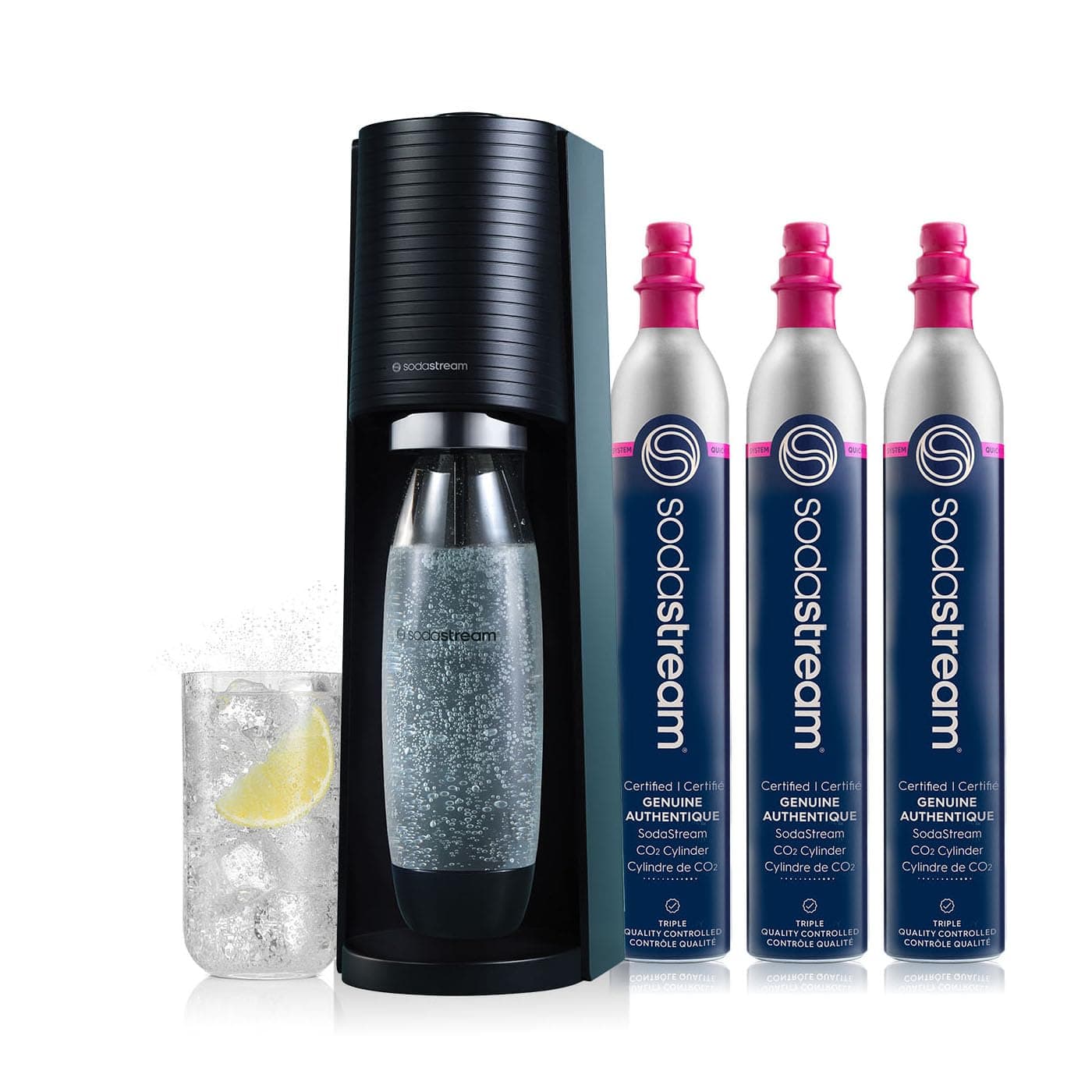 SodaStream Terra Sparkling Water Maker Bundle in Black - includes 3-Pack CO2 and Carbonating Bottle