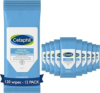 Cetaphil Face and Body Wipes, Gentle Skin Cleansing Cloths, 10 Count, Pack of 12, for Dry, Sensitive Skin, Flip Top Closure, Great for the Gym, Travel, in the Car, Hypoallergenic, Fragrance Free