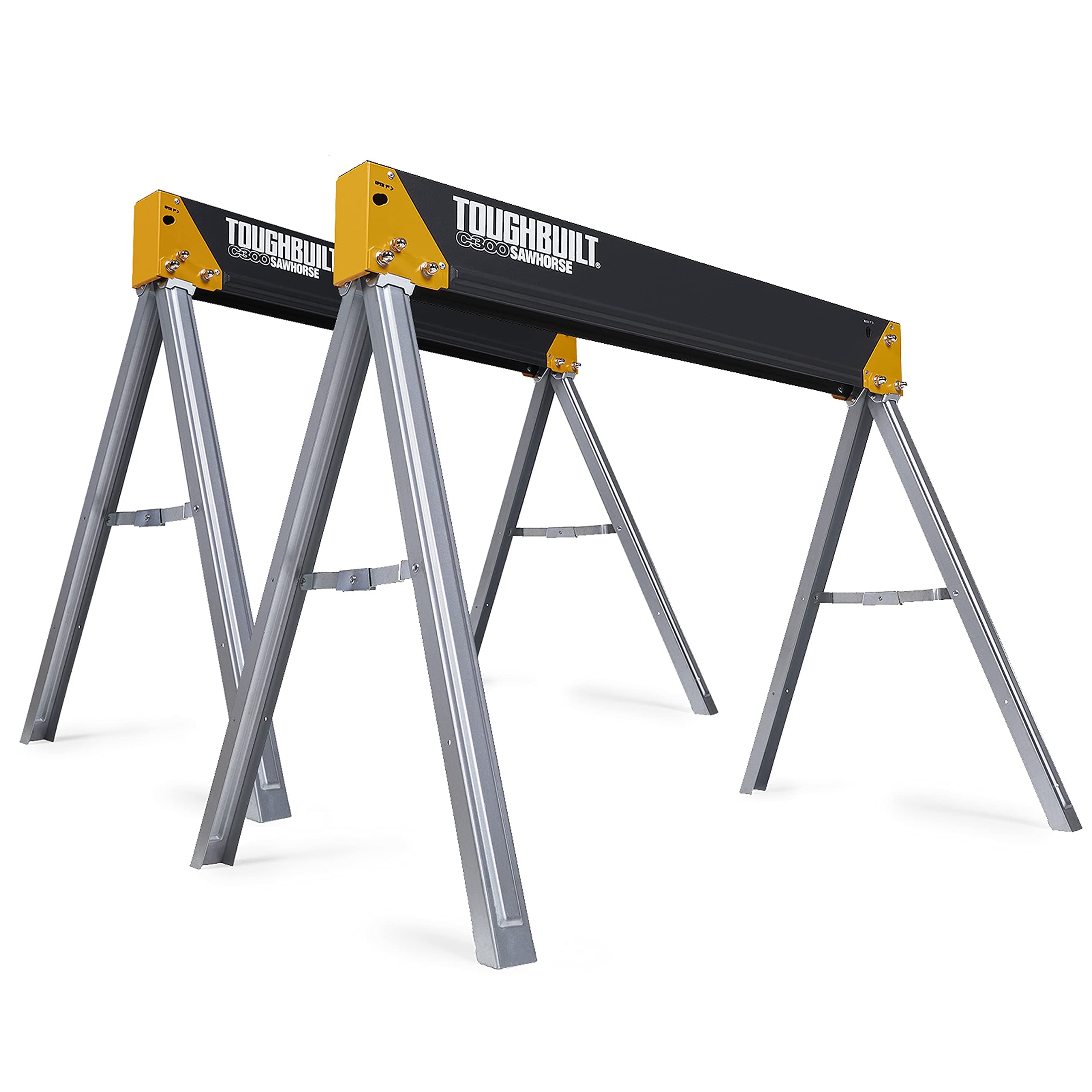 ToughBuilt - Folding Sawhorses, Heavy-Duty Adjustable Portable 2×4 Work Support for Jobsite, Carpentry & DIY, 2 Pack (TB-C300-2)