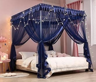 Mengersi Canopy Bed Curtains Bed Canopy Royal Luxurious Cozy Drapes Netting- Elegant Bed Sheer Bedroom Decoration Accessories for Adults(Navy Blue,California King)